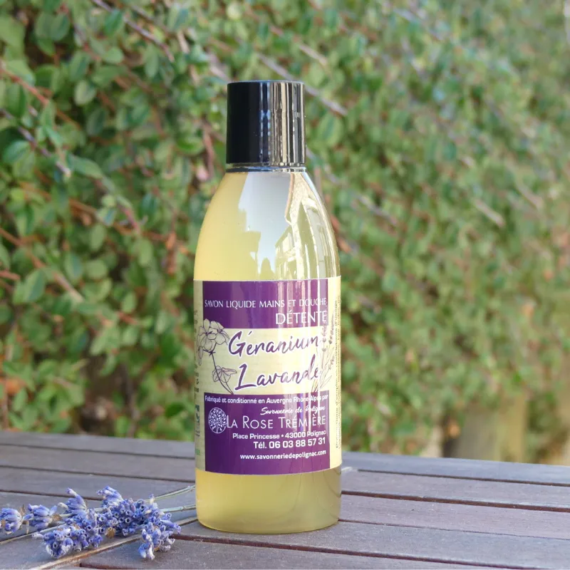 Savon liquide naturel - Olive, tournesol, ricin et huiles essentielles de lavande et géranium