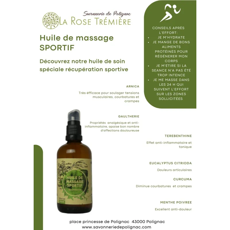 Huile de massage sportif - Arnica et huiles essentielles actives